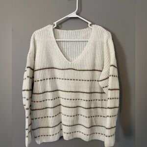 Striped V-Neck Oversized Sweater - White and Brown